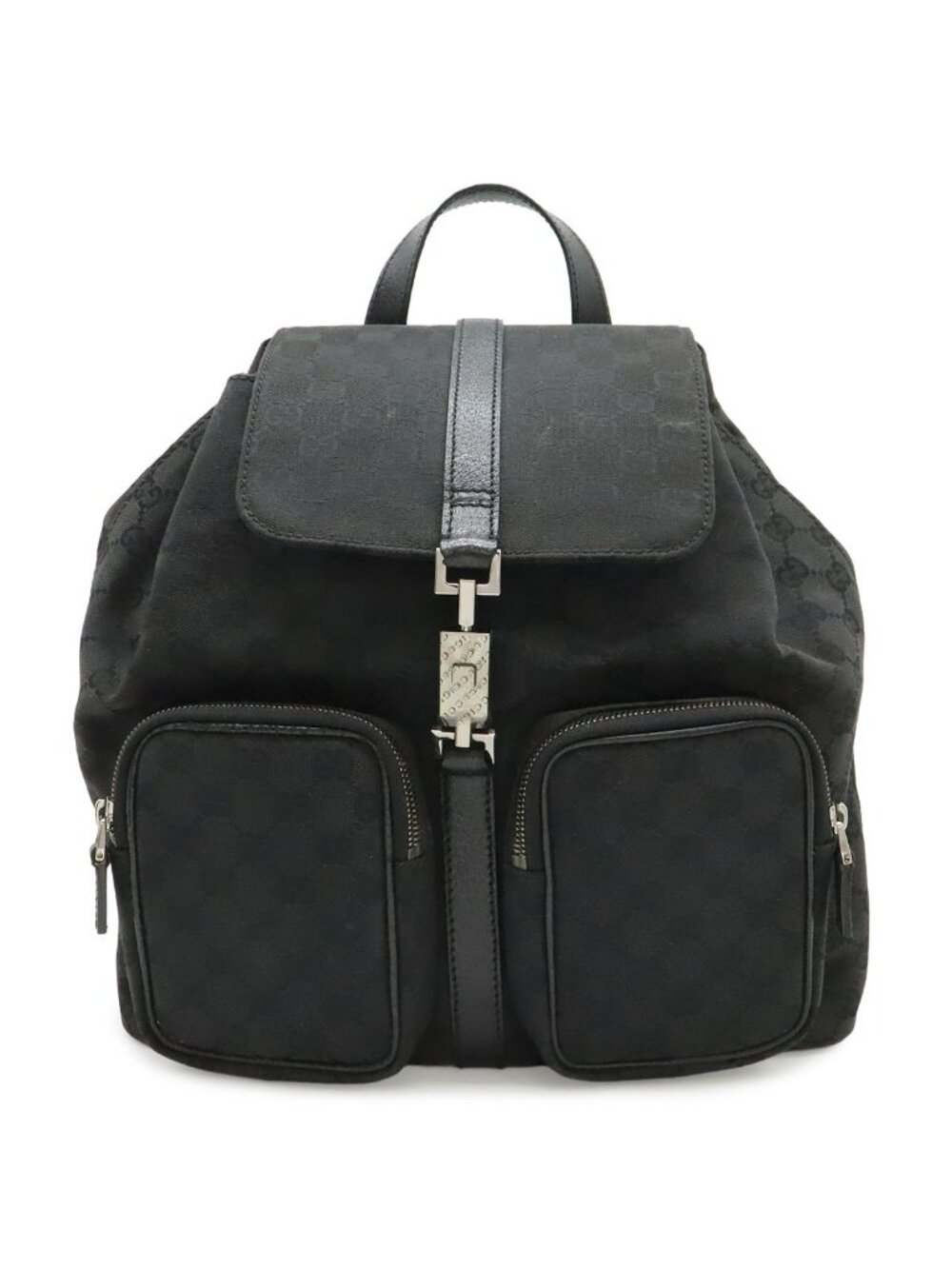 Gucci GG Canvas Jackie Line Backpack Leather Black Silver